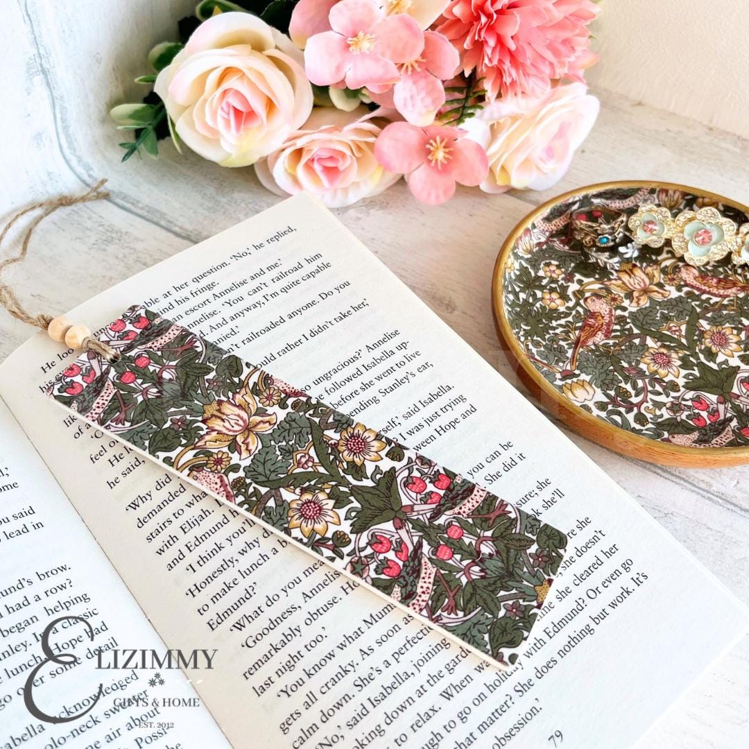 Wooden Bookmark Liberty of London X William Morris Strawberry Thief Design