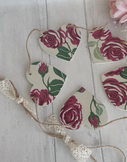 Handmade Wooden Heart Bunting Garland. Emma Bridgewater Pink Roses Decoupaged.
